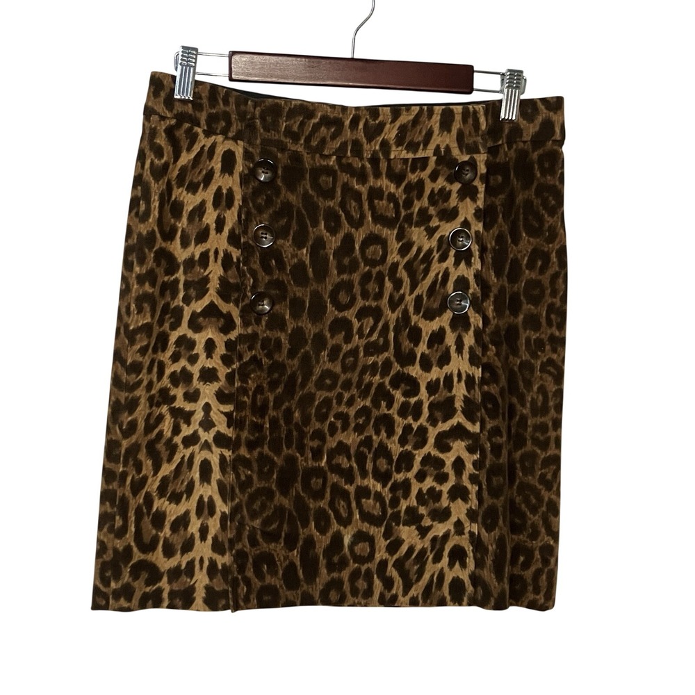 Y2K Equestrian Leopard Print Corduroy Mini Skirt Brown Button Front Size M USA